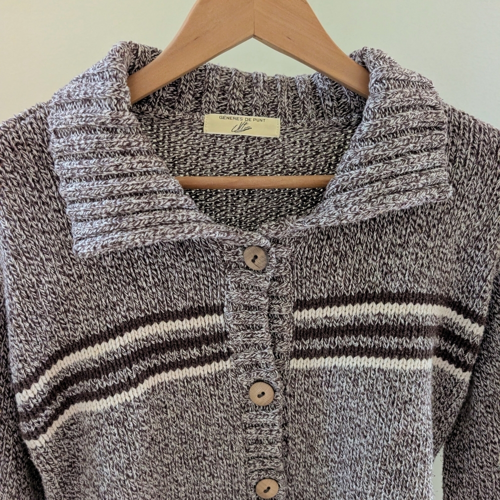 Vintage Striped Chunky Marled Collared Cardigan Sweater In Gray - Picture 2 of 4